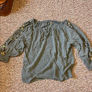 Cato Grayish Green Off-Shoulder Blouse with Gold Accents